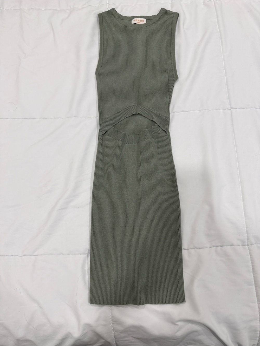 RUMOR Olive Green Ribbed Cutout Midi Dress